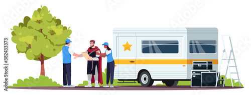 Preparing actor semi flat RGB color vector illustration. Movie preparations. Knight film. Learning plot. Important role. Filming crew van isolated cartoon character on white background