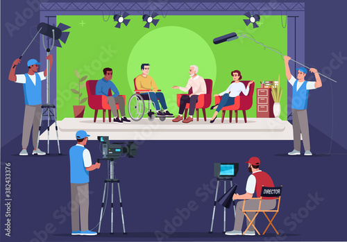 Interview set semi flat vector illustration. Asking questions. Intervier talking with man in wheelchair. Television show creation. Chromakey background. 2D character scenery for commercial use