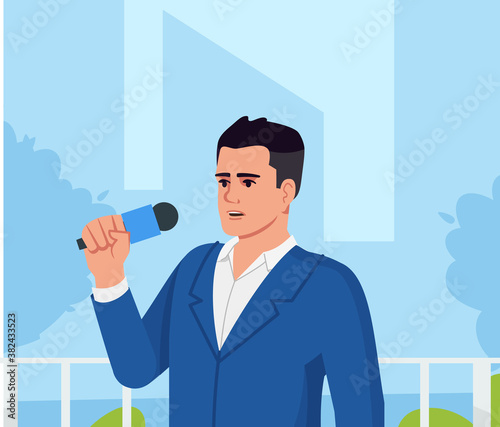 Reporter semi flat vector illustration. Television professional crew member. Man holding microphone. Tv series creation. Hot breaking news reportage 2D cartoon characters for commercial use