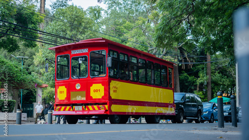 Low Angle View of a Red and Yellow Trolley Car Surrounded by Trees