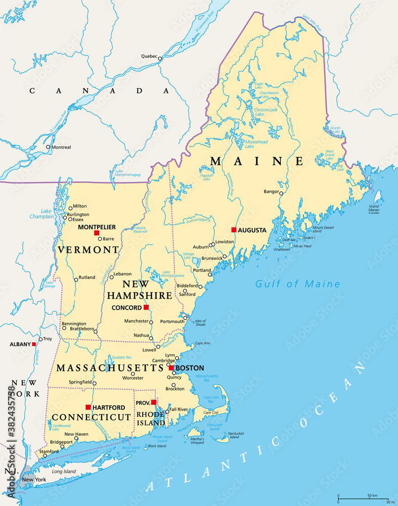 New England region of the United States of America, political map. Maine, Vermont, New Hampshire, Massachusetts, Rhode Island and Connecticut with their Capitals and borders. Illustration. Vector.