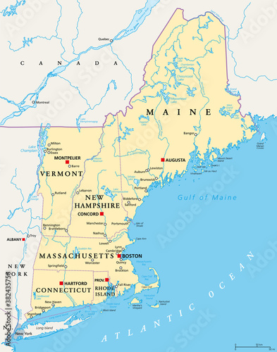 New England region of the United States of America  political map. Maine  Vermont  New Hampshire  Massachusetts  Rhode Island and Connecticut with their Capitals and borders. Illustration. Vector.