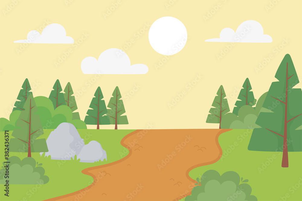 Fototapeta premium landscape pine trees path stones bush sunny day panoramic