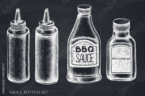 Vector set of hand drawn chalk sauce bottles