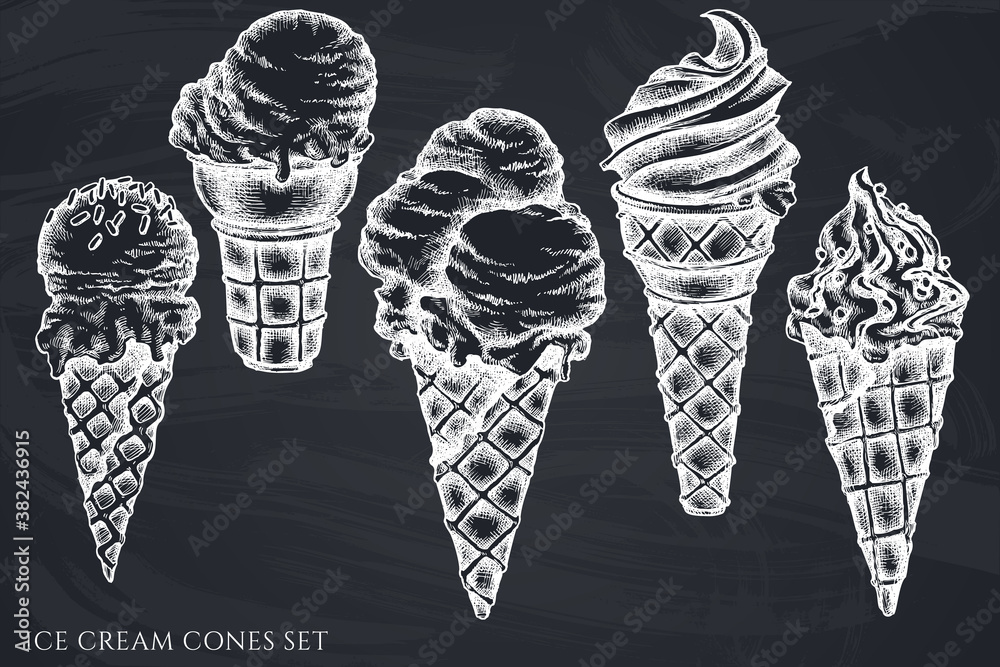 Vector set of hand drawn chalk ice cream cones Stock Vector | Adobe Stock