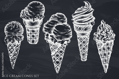 Vector set of hand drawn chalk ice cream cones