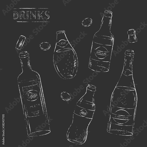 Vector chalk sketch open water, beer, soda, wine, champagne bottle set.