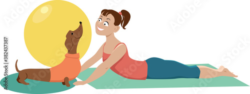 Young woman practicing doga yoga exercise with her dachshund dog, EPS 8 vector illustration