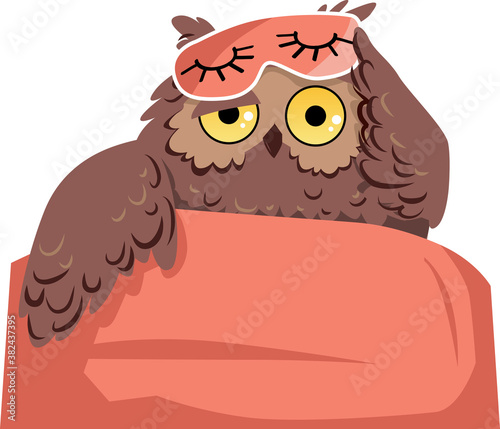An owl in a sleeping mask waking up as a metaphor for sleep problems, EPS 8 vector illustration