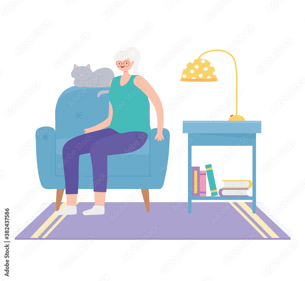 activity seniors, elderly woman sitting on chair with her cat