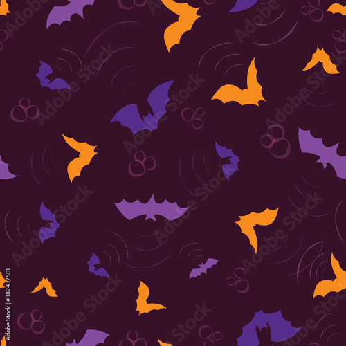 Vector seamless pattern with colorful bats. Dark background for Halloween.