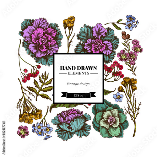 Square floral design with colored wax flower, forget me not flower, tansy, ardisia, brassica, decorative cabbage