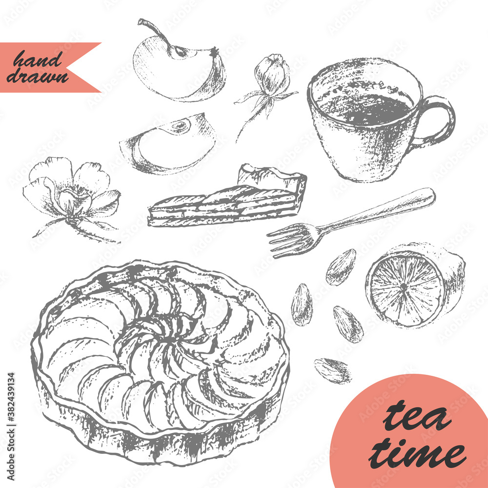 Hand drawn dessert and tea sketch with apple tart, lemon, fork, cup