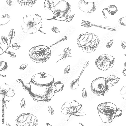 Hand drawn dessert and tea seamless pattern
