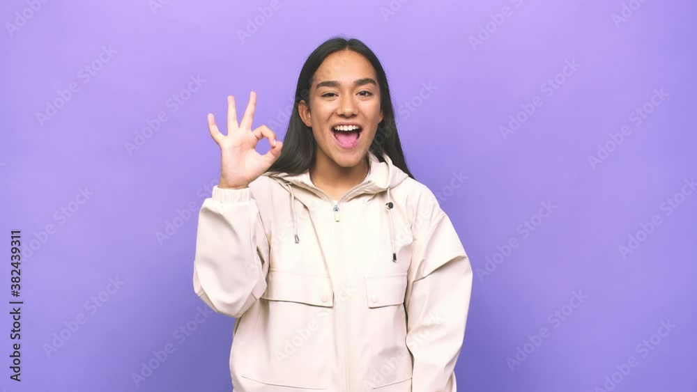 Young mixed race indian woman winks an eye and holds an okay gesture with hand Young mixed race indian woman winks an eye and holds an okay gesture with hand