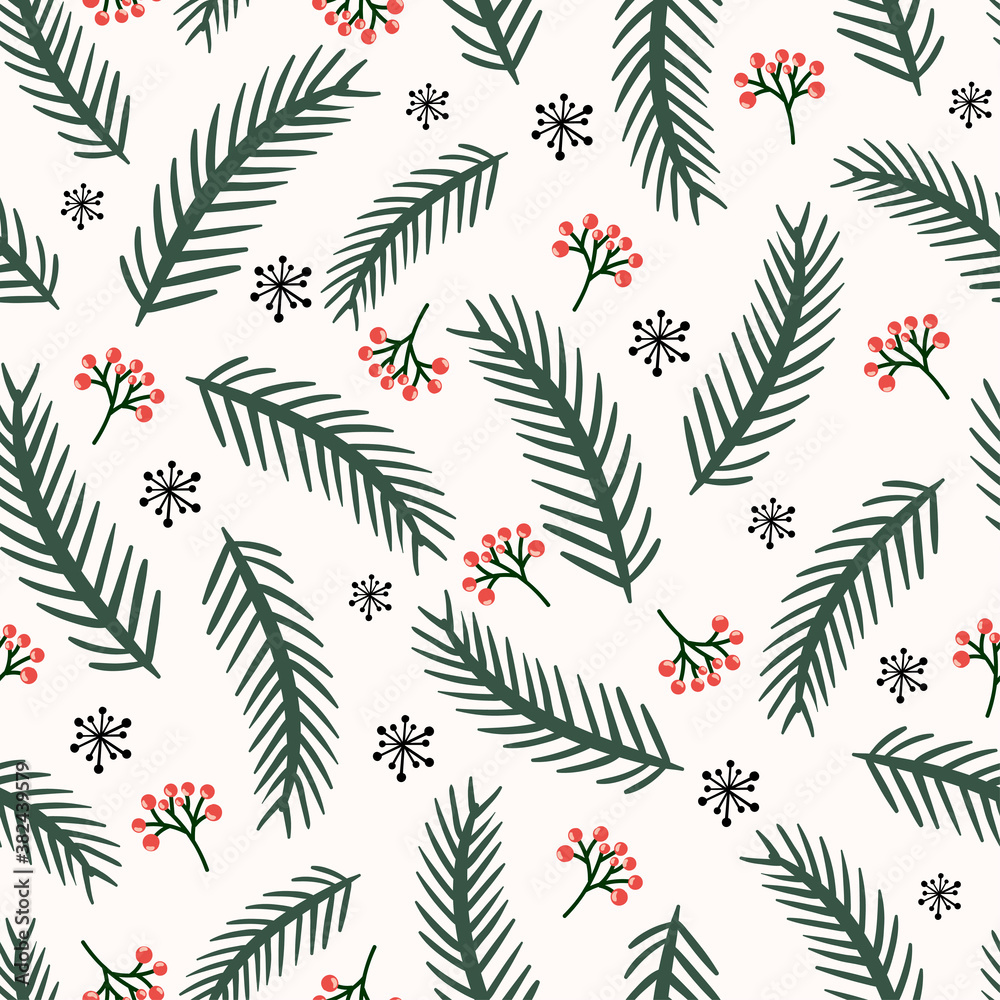 Christmas seamless pattern with berry and pine branch, winter design, hand drawn elements