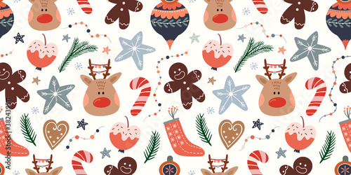 Christmas seamless pattern with cute winter elements, reindeer, candy, gingerbread and pine branch, white background
