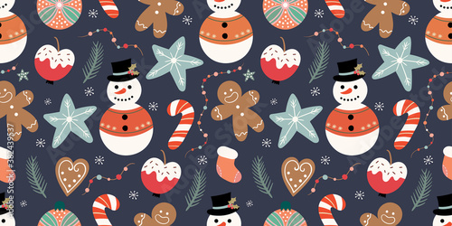Fototapeta Naklejka Na Ścianę i Meble -  Christmas seamless pattern with snowman, candies and gingerbread, winter design