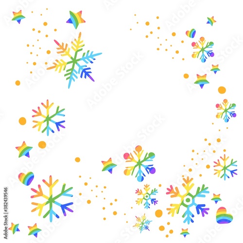 Print Hand-drawing silhouette background collection. Vector snowflake with rainbow decoration. Element for design.