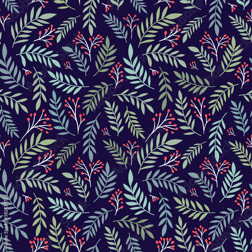 Floral Christmas pattern with berry branch and leaves