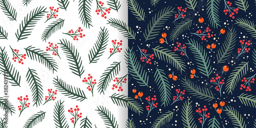 Christmas seamless patterns set with pine branches and berries, winter design