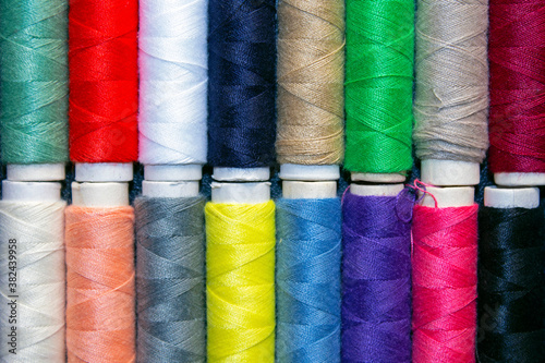 top view of spools with threads of different colors