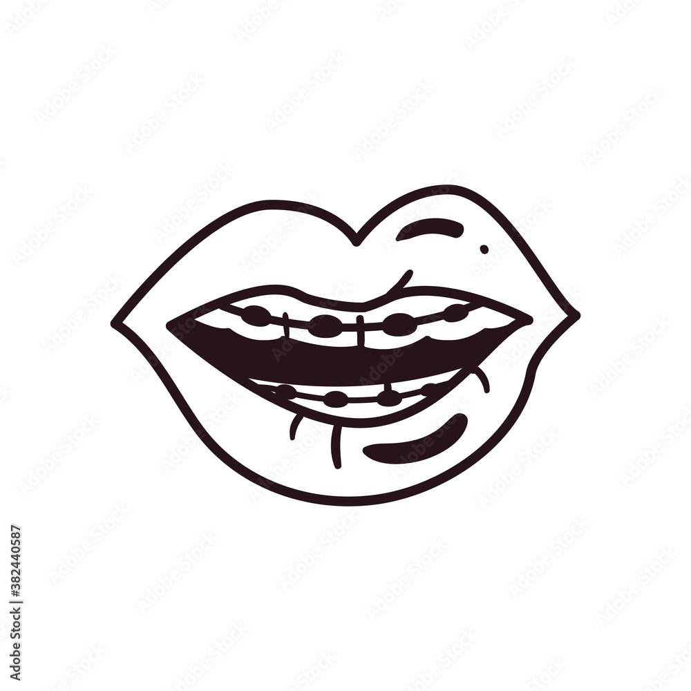 pop art female mouth with brackets line style icon vector design