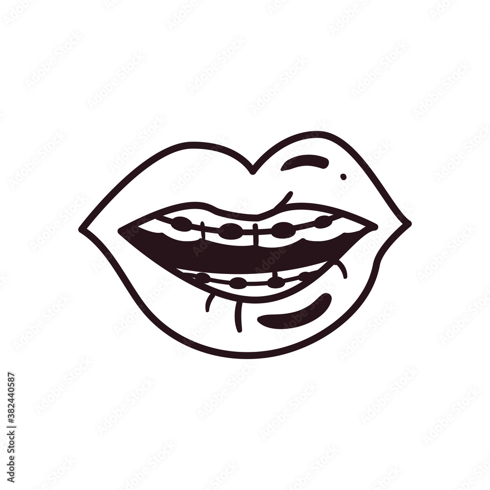 Naklejka premium pop art female mouth with brackets line style icon vector design