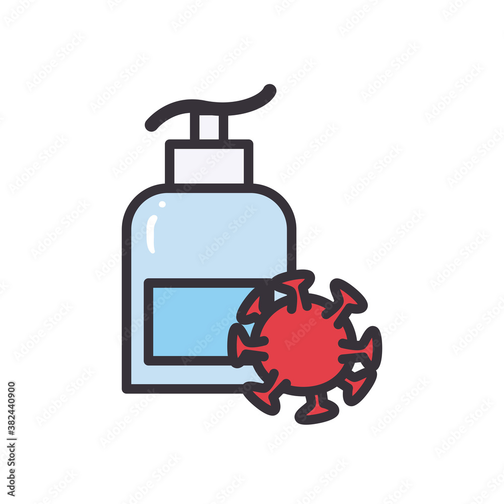 Covid 19 virus with sanitizer bottle line and fill style icon vector design