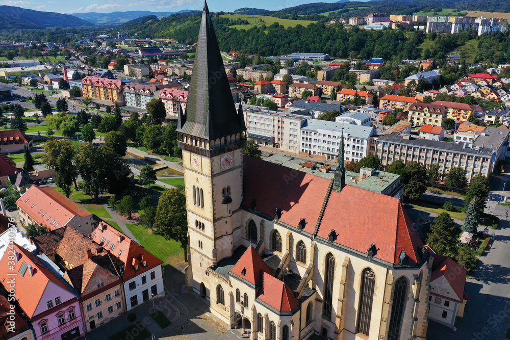 Aerial view of the church in Bardejov, Slovakia