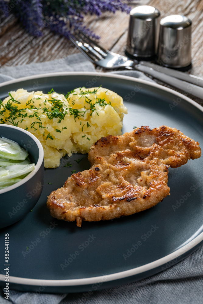 Pork chop served with mashed potatoes and cucumber salad. Pork chop served with mashed potatoes and cucumber salad.