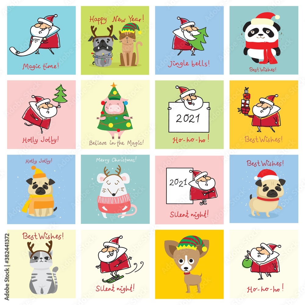 Christmas set of different Santa Clauses with christmas gifts, christmas tree, banners and other