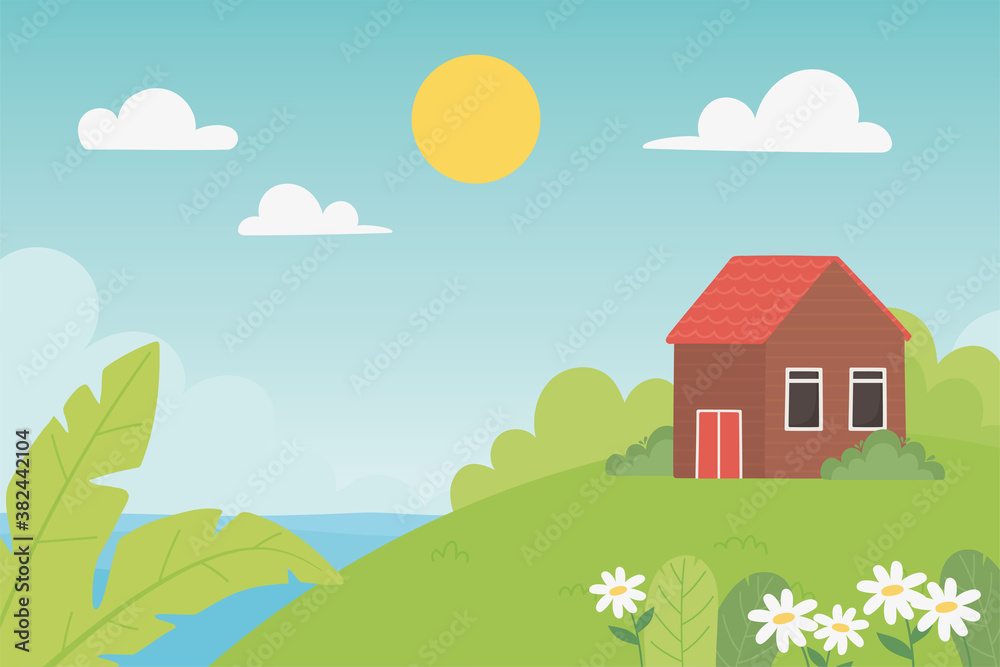 landscape countryside house meadow flowers leaf suuny day landscape countryside house meadow flowers leaf suuny day