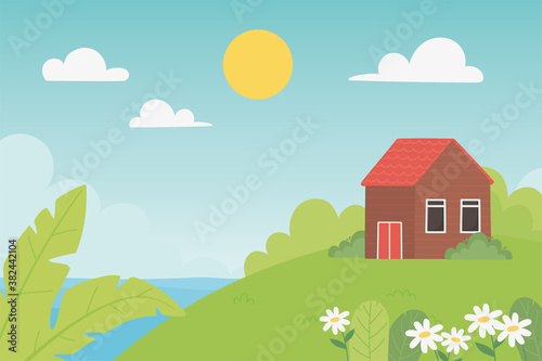 landscape countryside house meadow flowers leaf suuny day