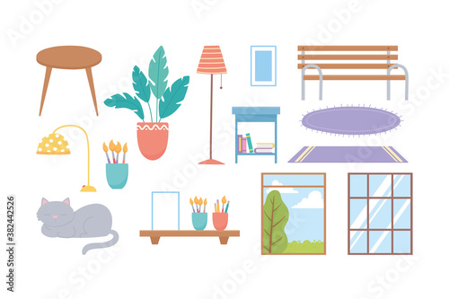 cat windows bench plant lamp carpets decoration icons