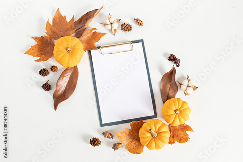 Autumn flat lay composition. Pumpkins, dried leaves and nuts, clipboard. Autumn, fall concept. Mockup, top view, copy space