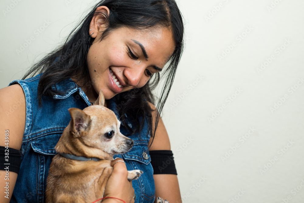 Pretty girl holding and looking at her pretty purebred brown chihuahua. Pretty girl holding and looking at her pretty purebred brown chihuahua.