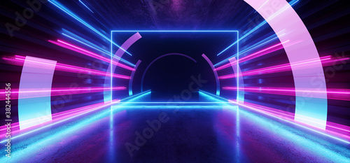 Fototapeta Naklejka Na Ścianę i Meble -  Neon Glowing Purple Blue Rectangle Modern Retro Oval Sci Fi Futuristic Warehouse Tunnel Corridor Parking Underground Arc Hangar Virtual Laser Trails Glossy Floor 3D Rendering