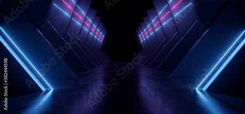 Fototapeta Naklejka Na Ścianę i Meble -  Neon Sci Fi Triangle Retro Modern Glowing Laser Electric Alien Spaceship Tunnel Garage Corridor Hangar Purple Blue Concrete Glossy background 3D Rendering