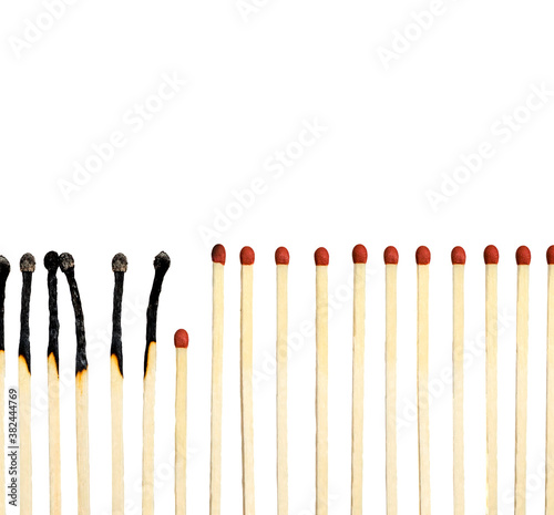 Matchsticks burn, one piece prevents the fire from spreading isolated in white background. Stay home. Stop coronavirus (2019-nCoV). Social, public concept. Universal epidemic template. 