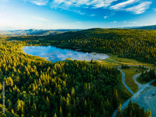 Bamselitjernet lake near Beitostolen surrounded by forests during sunset, Norway