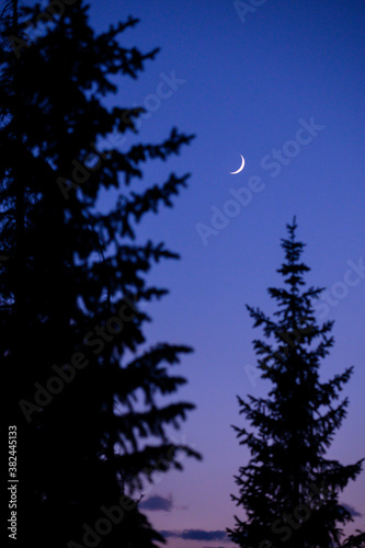 A calm evening scene in the mountains with a crescent moon against a blue and purple sky