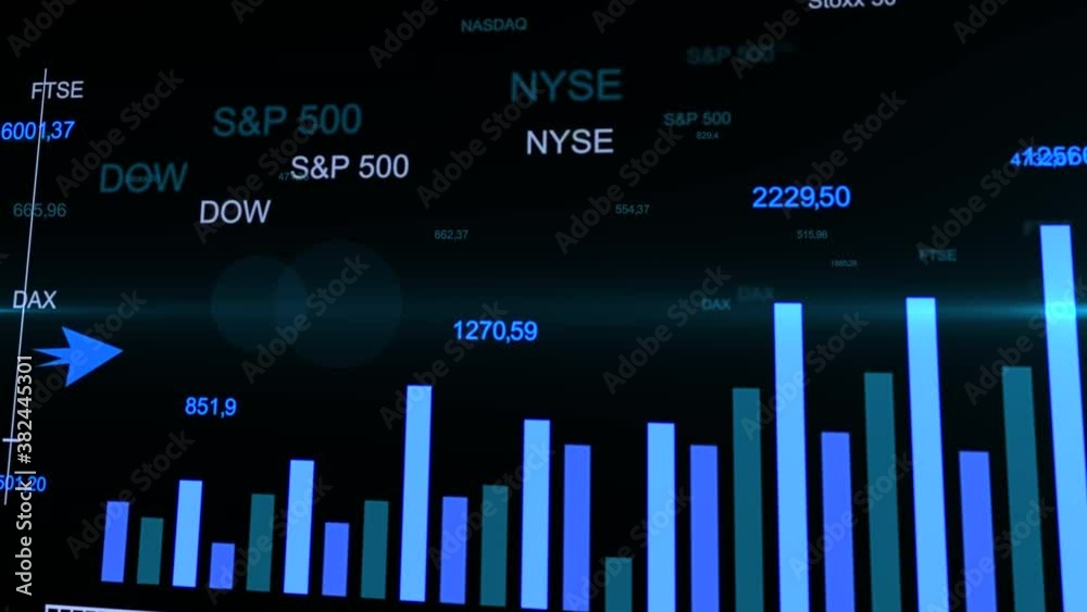 Stock market data. Financial graphs with blue raising arrow Stock market data. Financial graphs with blue raising arrow