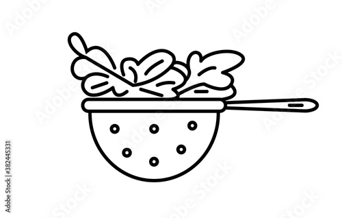 Lettuce leaves in a colander. Vector outline icon. Isolated on white.
