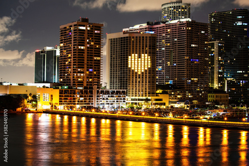 Skyline of miami biscayne bay reflections, high resolution. Miami night downtown. © Volodymyr