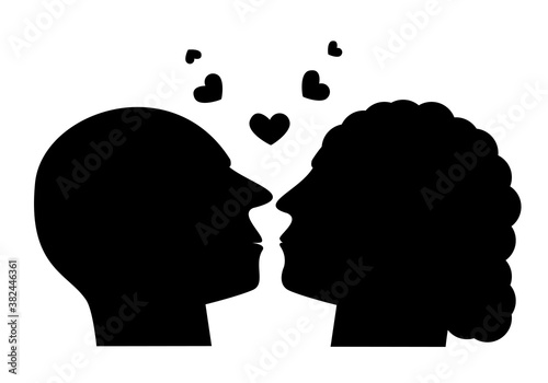 Pareja de hombre y mujer enamorados a punto de besarse con corazones flotando