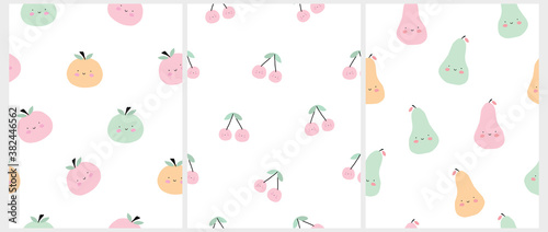 Cute Smiling Fruits Seamless Vector Patterns. Kawaii Style Cherries, Pears and Apples Isolated on a White Background. Lovely Nursery Art Ideal for Fabric, Textile, Wrapping Paper. Funny Fruits Print. photo