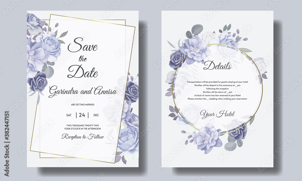  Beautiful  blue  floral frame wedding invitation card template set  Premium Vector