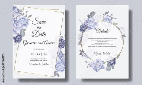  Beautiful  blue  floral frame wedding invitation card template set  Premium Vector