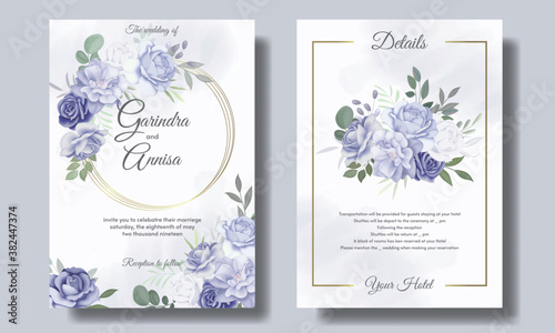  Beautiful  blue  floral frame wedding invitation card template set  Premium Vector